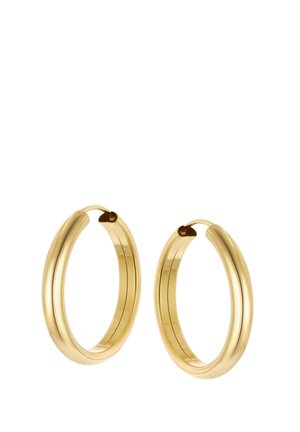 Pair of smooth gold hoop earrings with a polished finish and a hinged clasp closure, shown on a white background.