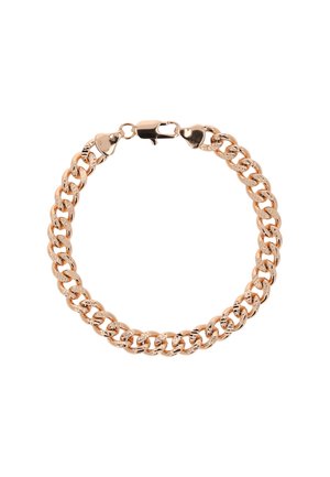 Rose gold metal chain bracelet with interlocking links, featuring a sturdy clasp and a smooth, polished finish.