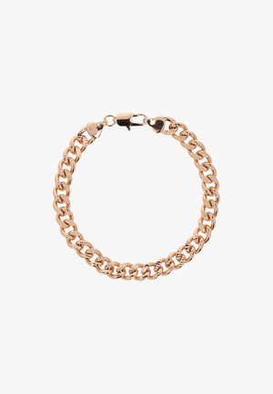 Rózsa arany színű fém lánc karkötő összekapcsolódó szemekkel, masszív zárral és sima, fényes felülettel.