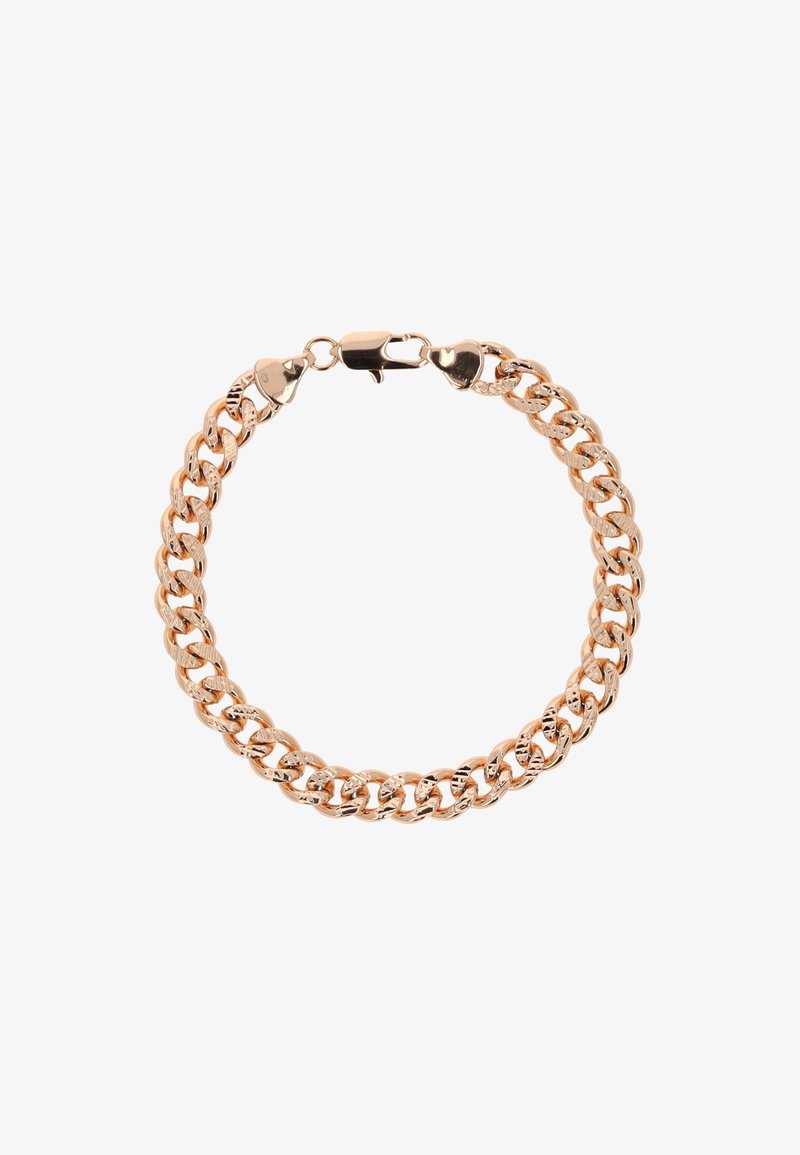 Bracciale in metallo color oro rosa con maglie intrecciate, dotato di un gancio robusto e di una finitura liscia e lucida.