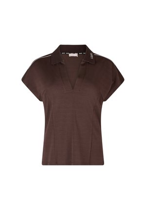 Polo a manica corta di colore marrone con scollatura a V, colletto con piping bianco. Texture liscia e design sportivo classico.