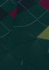 Maglieria con base verde e motivo a diamante in verde scuro, bordeaux e giallo, evidenziata da cuciture bianche a contrasto.