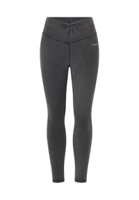 Leggings grigio scuro con dettaglio in vita torcigliato, realizzati in materiale elasticizzato. Presentano cuciture a contrasto e un piccolo logo sull'anca.