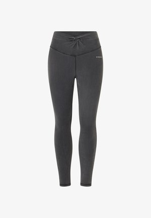 Leggings gris foncé avec un détail de taille twisté, fabriqués à partir d'un matériau extensible. Présentent des coutures contrastantes et un petit logo sur la hanche.