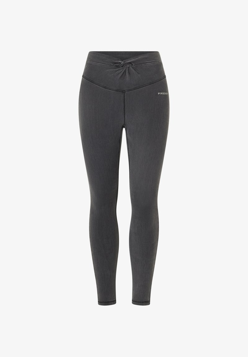 Leggings grigio scuro con dettaglio in vita torcigliato, realizzati in materiale elasticizzato. Presentano cuciture a contrasto e un piccolo logo sull'anca.