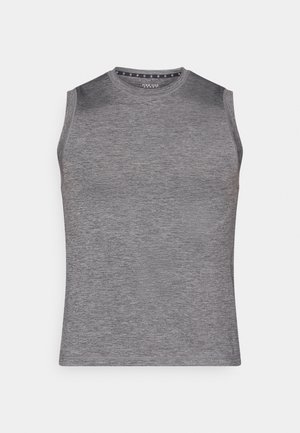 Chemise grise sans manches avec une texture lisse et un col arrondi. Design simple sans motifs ni accents, adapté à une tenue décontractée.