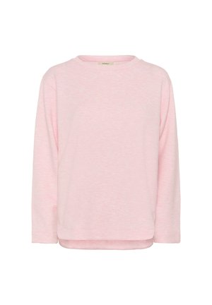 Gaiši rozā garām piedurknēm pulovers ar apaļu apkakli, ar nedaudz noapaļotu apakšmalu un smalku jauktu faktūru.