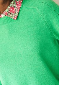 Maglione verde lavorato a maglia con un colletto a camicia floreale. Il tessuto sembra morbido, con un collo a coste e dettagli di cucitura sottili.