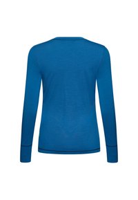 Langarmshirt in leuchtendem Blau mit rundem Ausschnitt, glatter Textur und kontrastierenden dunklen Nähten entlang der Ärmel und dem Saum.