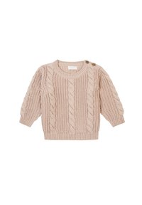 Stickad tröja i ljusbeige med kabelmönster, rund halsringning och trekvartslånga ärmar. Har två träknappar på ena axeln.