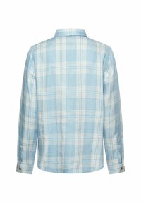 Light blue and white plaid long-sleeve shirt with buttoned cuffs, shown from the back on a white background.