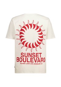 Cream cotton t-shirt featuring a large red sun graphic and text "SUNSET BOULEVARD" with "SILVER LAKE LOS ANGELES CA" below.