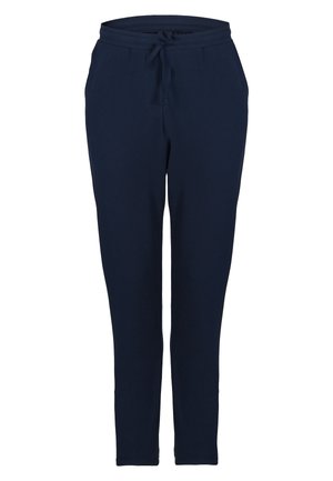 Pantalones deportivos ajustados de color azul marino con cintura elástica y cordón frontal, con bolsillos laterales y piernas estrechas.