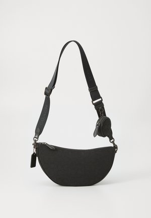 Black fabric shoulder bag with a semi-circular shape, featuring a zip closure, adjustable strap, and a small detachable pouch.