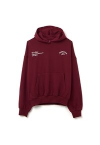 Felpa in maroon realizzata in morbido tessuto, con tasca frontale, orlo a coste e testo stampato: "New York Sleepless Nights" e "Manhattan East Side."