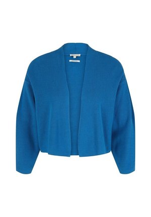 Blue open-front knit cardigan with long sleeves and a relaxed fit, displayed on a white background.