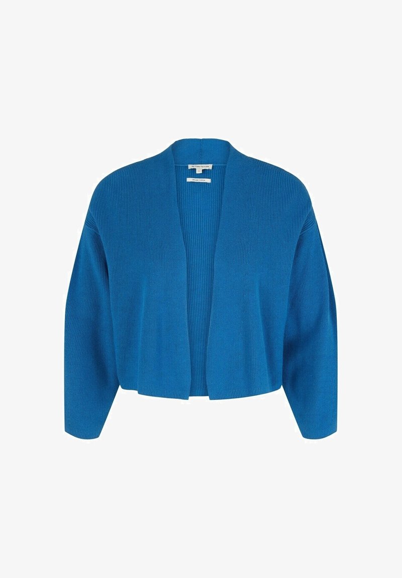 Cardigan en maille bleu à ouverture devant, manches longues et coupe décontractée, présenté sur fond blanc.
