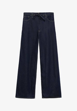 Wide-leg dark blue denim trousers with a drawstring waistband, featuring yellow stitching and five-pocket design.