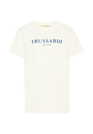 T-shirt bianca a maniche corte con scollo rotondo e scritta blu "TRUSSARDI MILANO" centrata sul petto.