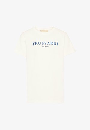 T-shirt bianca a maniche corte con scollo rotondo e scritta blu "TRUSSARDI MILANO" centrata sul petto.