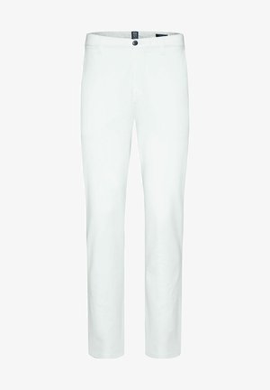 Witte katoenen broek met een rechte pijp, voorzien van een enkele knoopsluiting en zijzakken. Gladde textuur, geen zichtbare patronen.