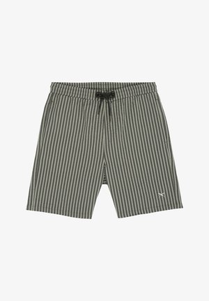 Grau-schwarz vertikal gestreifte Shorts mit schwarzem Kordelzugbund und kleinem weißem Scherenlogo am linken Bein.