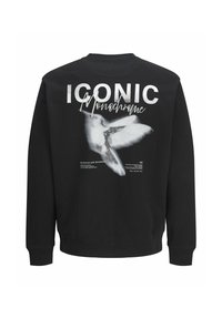 Sudadera negra con un gráfico blanco de un pájaro, texto "ICONIC Monochrome", cuello redondo, mangas largas y puños y dobladillo de canalé.