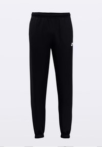 Pantalones deportivos negros hechos de tela suave, con cintura elástica, piernas cónicas y un pequeño logo blanco de Nike en la parte superior de la pierna izquierda.