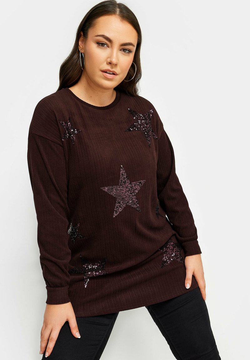 Dunkelbrauner, gerippter Pullover mit langen Ärmeln, der auf der Vorderseite mit Sternen in unterschiedlichen Größen aus Pailletten verziert ist. Rundhalsausschnitt und lässige Passform.