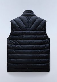 Chaleco acolchado negro con cuello alto, con un diseño de rombos acolchados y costuras horizontales. Material liso y brillante sin cierres visibles.