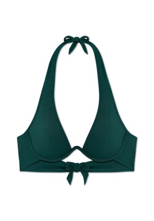 Dark green bikini top featuring a halter neck design with adjustable tie closures. Smooth texture with a sleek, triangular cup shape.