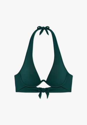 Tmavě zelený bikiny top s designem za krk a nastavitelnými šňůrkami. Hladká textura s elegantním trojúhelníkovým tvarem košíčků.