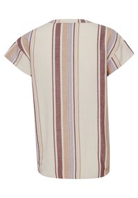 T-shirt à manches courtes, rayé avec des lignes verticales en beige, mauve et rouille, fabriqué à partir d'un tissu léger. Encolure arrondie, coupe décontractée.