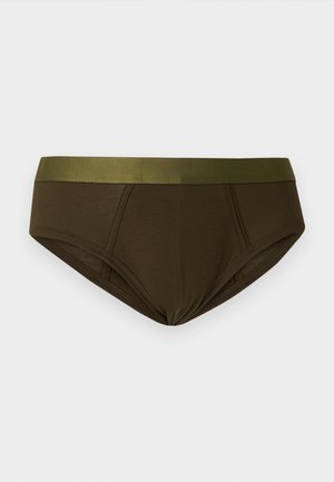 Brown cotton underwear with a green waistband, featuring a fitted design and smooth texture, suitable for everyday wear.