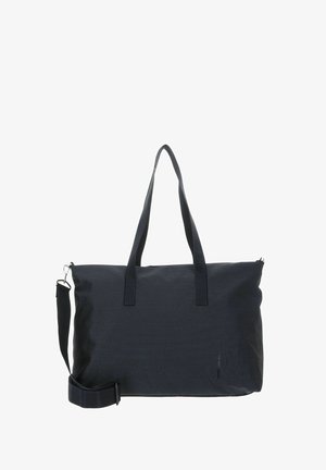 Sac tote en tissu noir avec deux poignées supérieures et une bandoulière amovible. Présente une texture subtile et une fermeture éclair. Aucun motif visible.