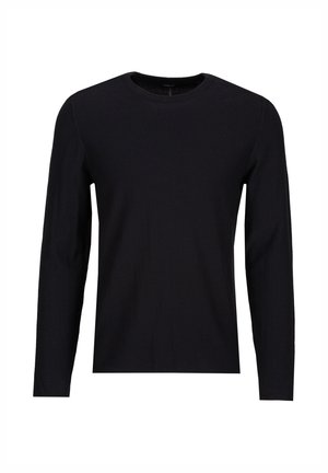 Pull noir à manches longues avec col rond et coupe ajustée, en tissu maille fine, présenté sur un fond blanc.