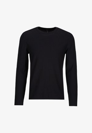 Pull noir à manches longues avec col rond et coupe ajustée, en tissu maille fine, présenté sur un fond blanc.