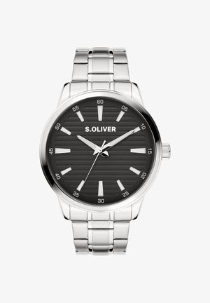 Herrenarmbanduhr von S.Oliver mit silbernem Metallarmband, rundem schwarzem Zifferblatt mit strukturierten Linien, silbernen Stundenmarkierungen und Datumsanzeige bei 3 Uhr.