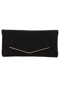 Pochette enveloppe en daim noir avec rabat angulaire et fine bordure dorée sur fond blanc.