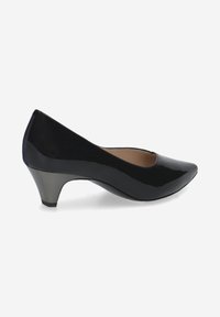 Black patent leather shoe with a pointed toe, low heel, and glossy finish. Features a smooth texture and a sleek silhouette.