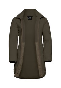 Fleecejacke in Dunkelgrün mit strukturiertem Außenmaterial, praktischen Reißverschlusstaschen und hohem Kragen. Weiche Innenauskleidung für zusätzliche Wärme.