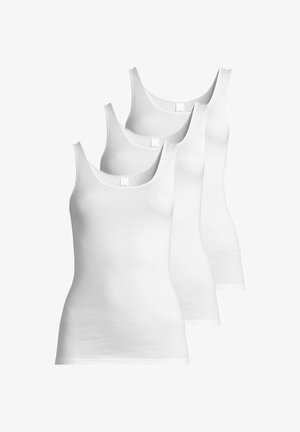 Quatre débardeurs blancs sans manches empilés en diagonale, chacun avec un décolleté rond et une coupe ajustée.