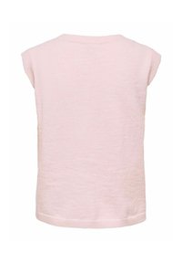 Haut sans manches en tricot rose clair avec un col rond et un ourlet droit, vu de dos.