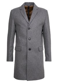 Manteau pour homme en laine gris avec revers crantés, trois boutons sur le devant, poches à rabat et doublure intérieure marron.