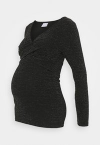 Černý těhotenský top s dlouhým rukávem, třpytivými akcenty, výstřihem do V a přiléhavým střihem, který zvýrazňuje těhotenské bříško.