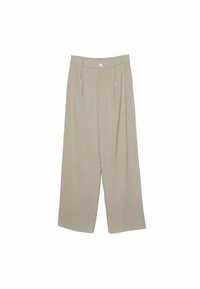 Beżowe spodnie z szerokimi nogawkami z zapięciem na guzik w talii. Wykonane z lekkiego, gładkiego materiału z plisami z przodu.