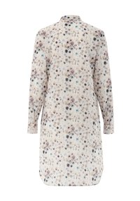 Camicia a maniche lunghe floreale in tessuto leggero; presenta uno sfondo crema con fiori blu e viola; polsini con bottoni e colletto piccolo.
