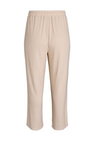 Beige, plissierte Hose mit elastischem Bund, verkürzter Länge und glatter Textur. Verfügt über vertikale Streifen für zusätzliche Details.