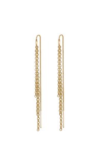 Orecchini d'oro con un design lineare caratterizzato da catene a cascata e estremità lunghe e dritte. Superficie testurizzata con dimensioni dei link variabili.