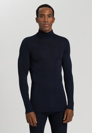 Navy turtleneck top made from a smooth knit fabric, featuring long sleeves and a fitted silhouette, with a minimalistic design.